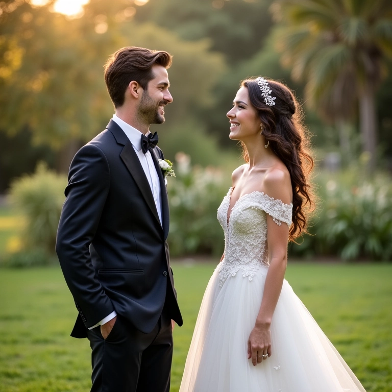 Noiva e noivo mostram seus trajes no First Look em jardim.
