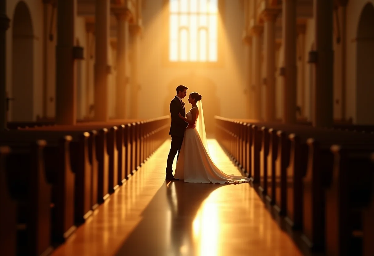 Noiva e noivo no first look em catedral iluminada pelo sol.