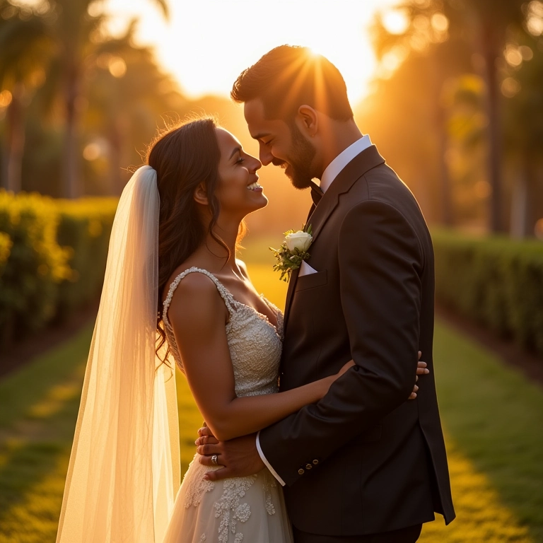Noiva e noivo se abraçam emocionados em um jardim ensolarado durante o first look.