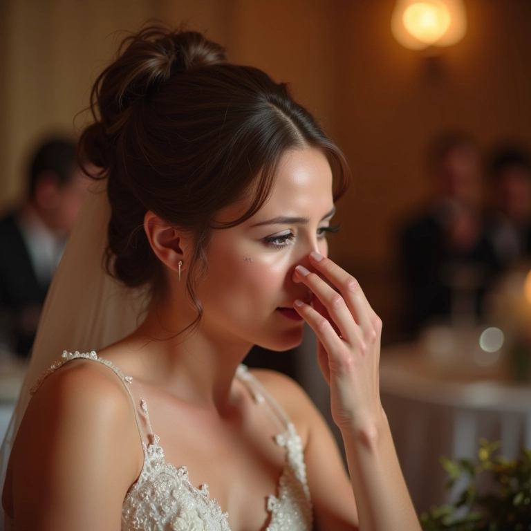 Noiva emocionada enxugando lágrimas durante discurso de homenagem aos avós.