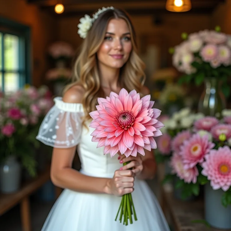 Noiva escolhendo a flor perfeita para seu buquê em uma floricultura rústica.