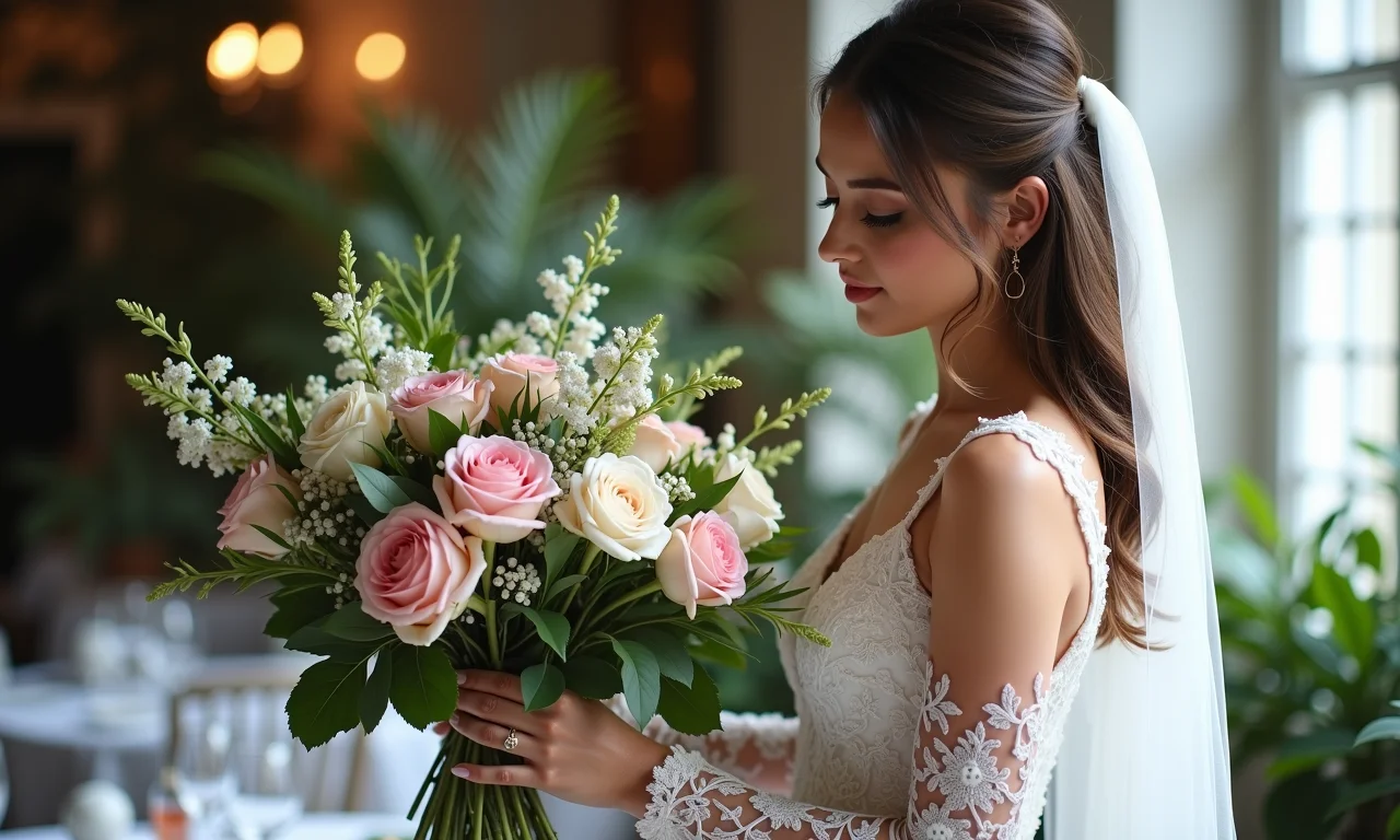 Noiva escolhendo arranjos florais para o casamento no restaurante.