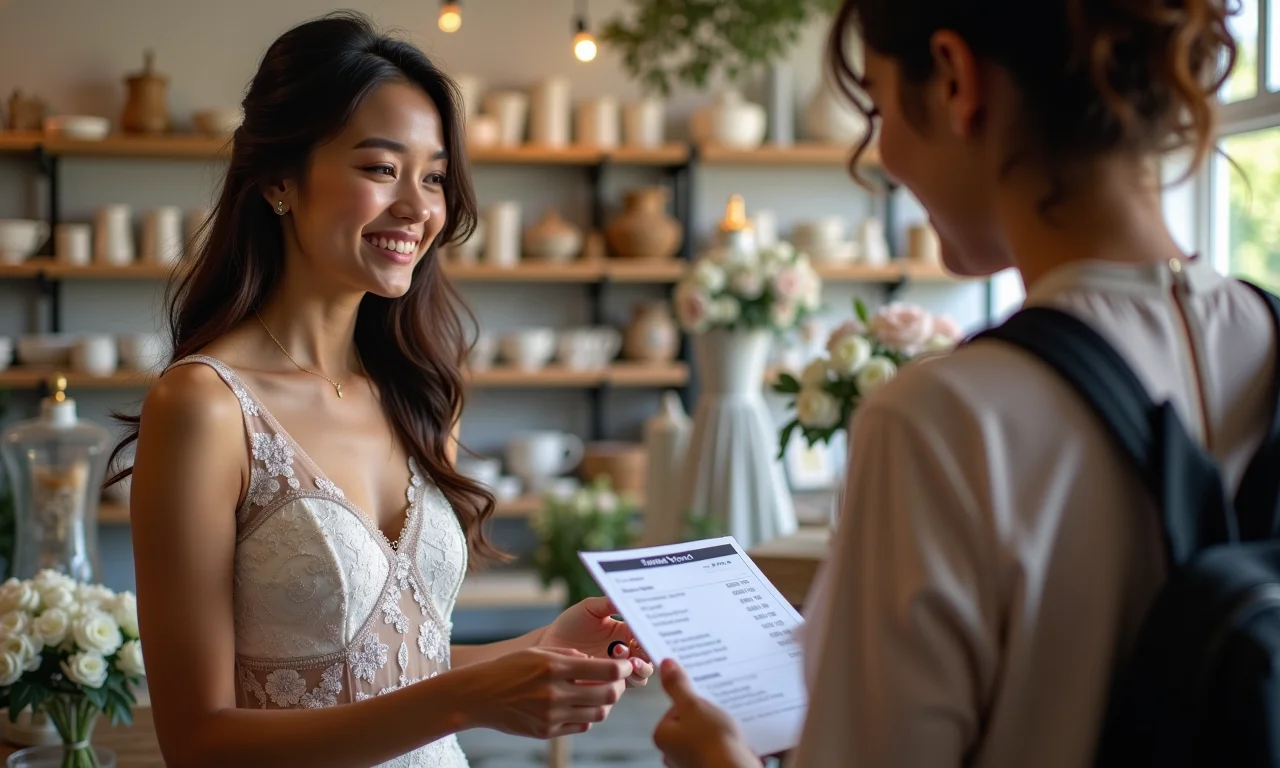 Noiva escolhendo decorações e negociando pagamento com fornecedor.