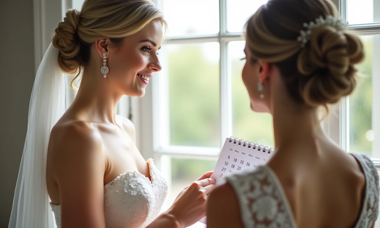 Noiva escolhendo estrategicamente a data do casamento no calendário.