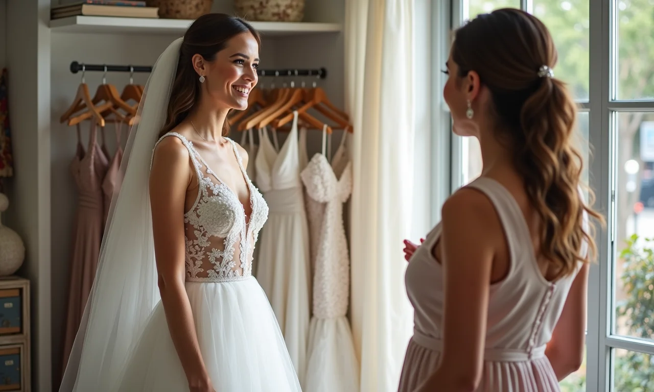 Noiva escolhendo traje para casamento civil com ajuda de consultora.