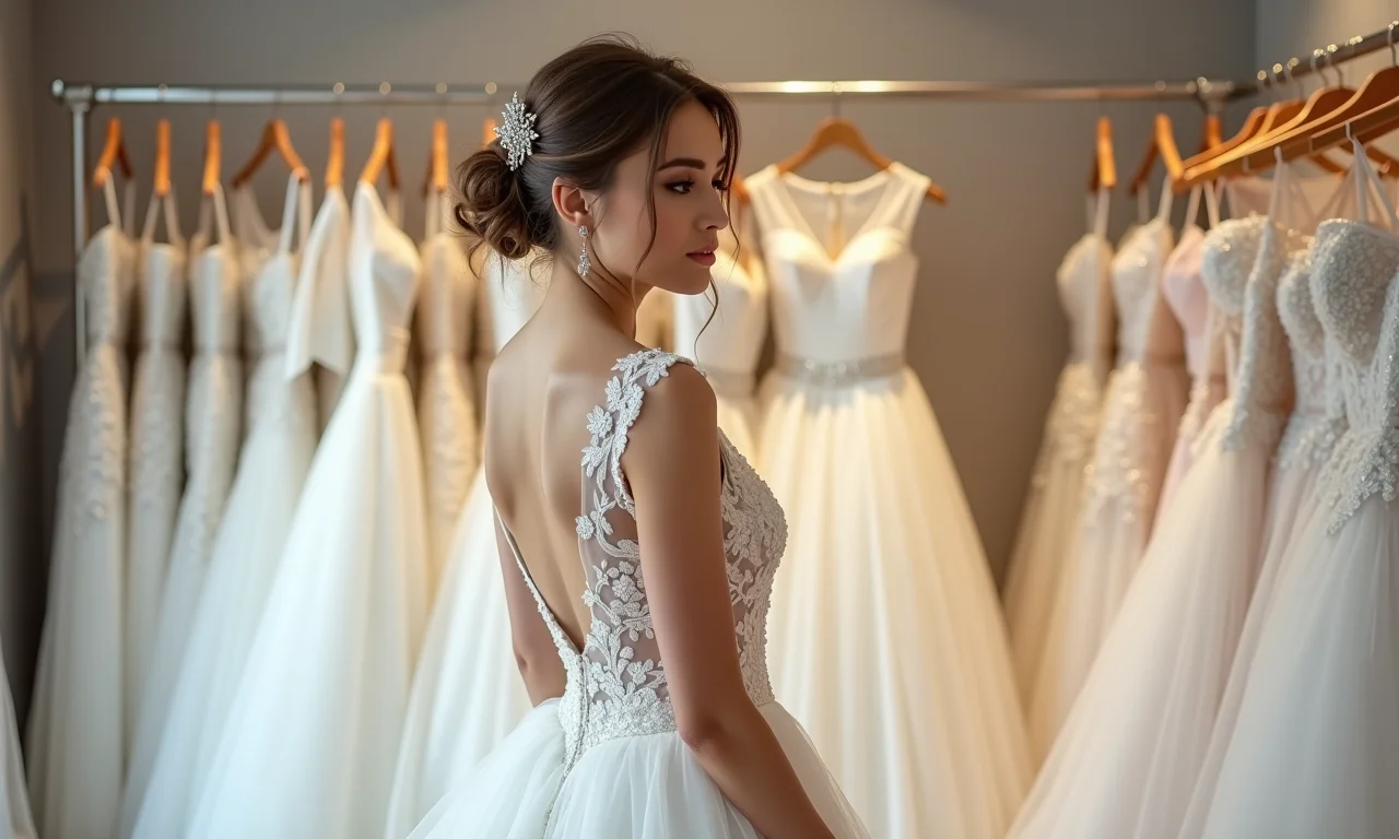 Noiva escolhendo vestido de princesa em boutique, considerando seu estilo.