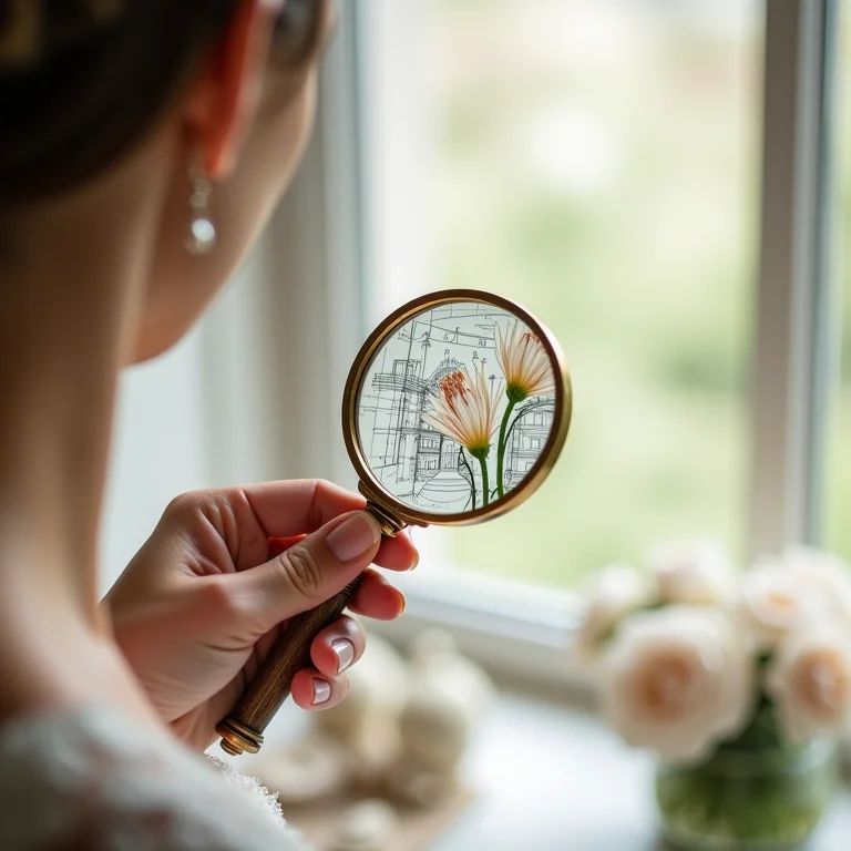 Noiva examinando detalhes florais com lupa sobre planta arquitetônica do local do casamento.