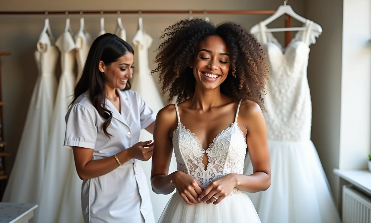 Noiva experimentando vestido em ateliê, feliz e radiante.