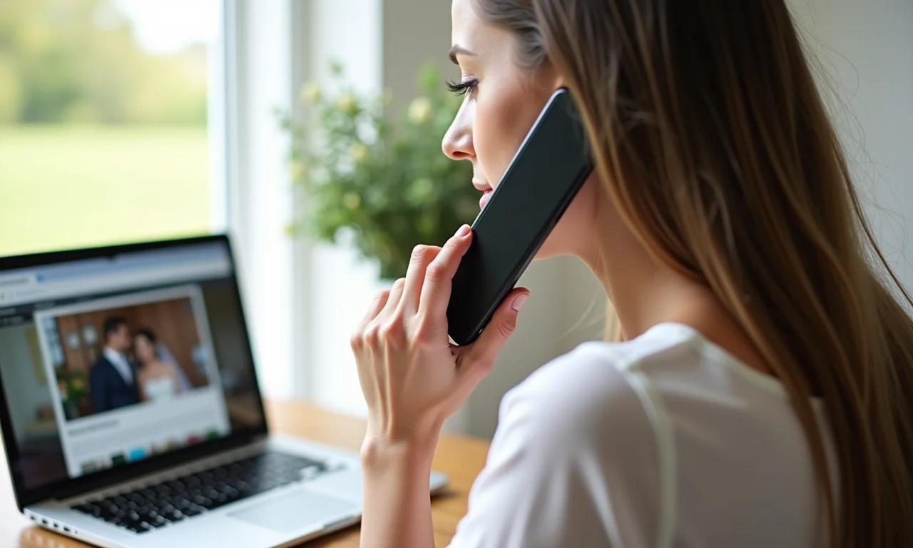 Noiva falando ao telefone com wedding planner.