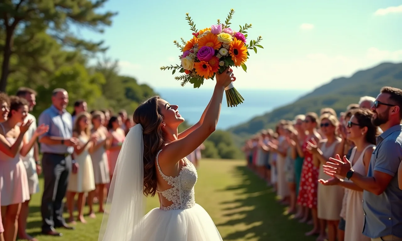 Noiva jogando buquê de flores coloridas em casamento ao ar livre no Brasil.