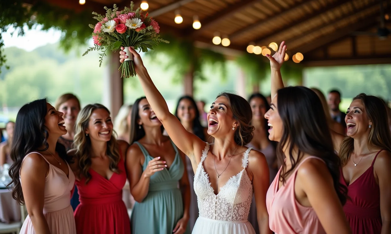 Noiva jogando buquê em casamento animado com convidadas diversas.