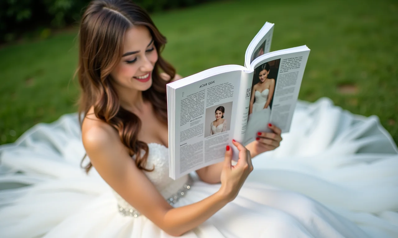 Noiva lendo iCasei Magazine ao ar livre.