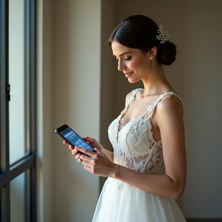 Noiva moderna usando tecnologia para segurança do casamento