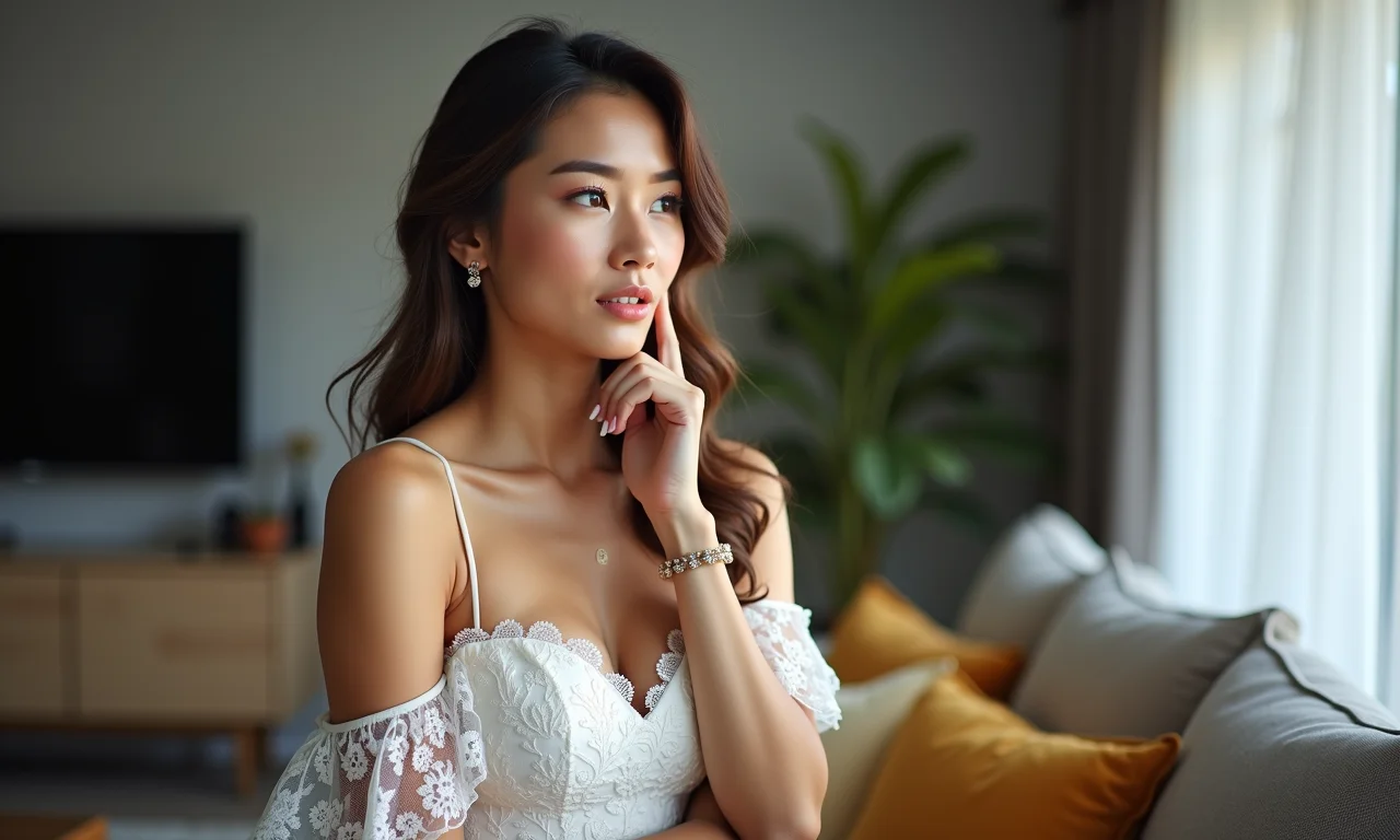 Noiva pensando em tradições de casamento em apartamento moderno com decoração brasileira.