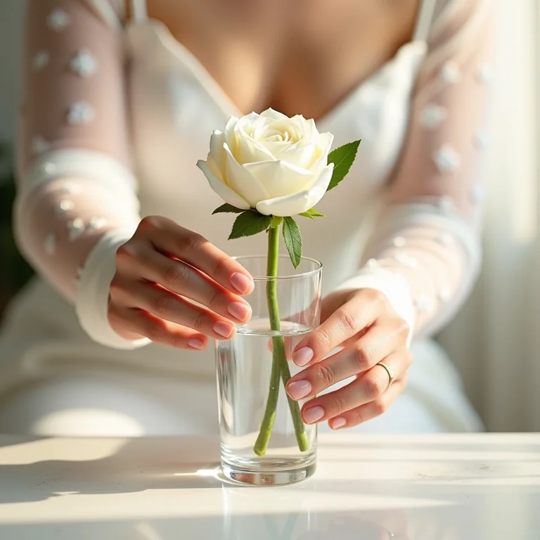 Noiva preservando o buquê de jasmim-de-madagáscar em um vaso com água, cuidado e delicadeza.