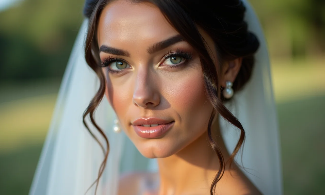 Noiva radiante com design de sobrancelhas perfeito para o dia do casamento.