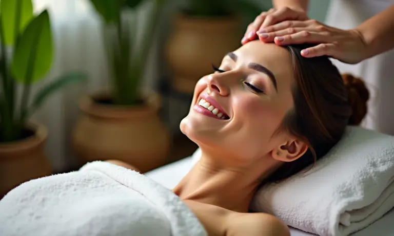 Noiva recebendo massagem relaxante em um spa com decoração brasileira.