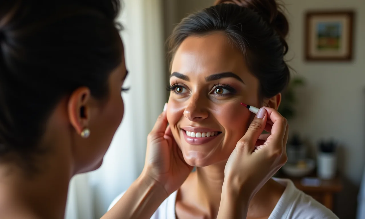 Noiva relaxada sendo maquiada por profissional no dia do casamento.