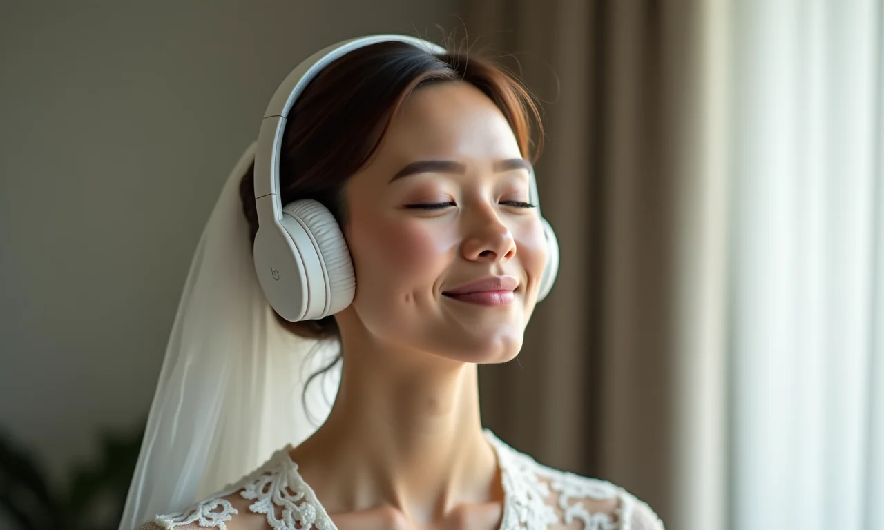 Noiva relaxando com fones de ouvido com cancelamento de ruído.