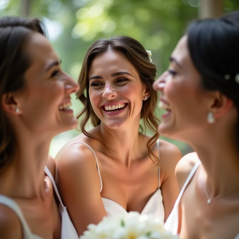 Noiva rindo com madrinhas em casamento elegante