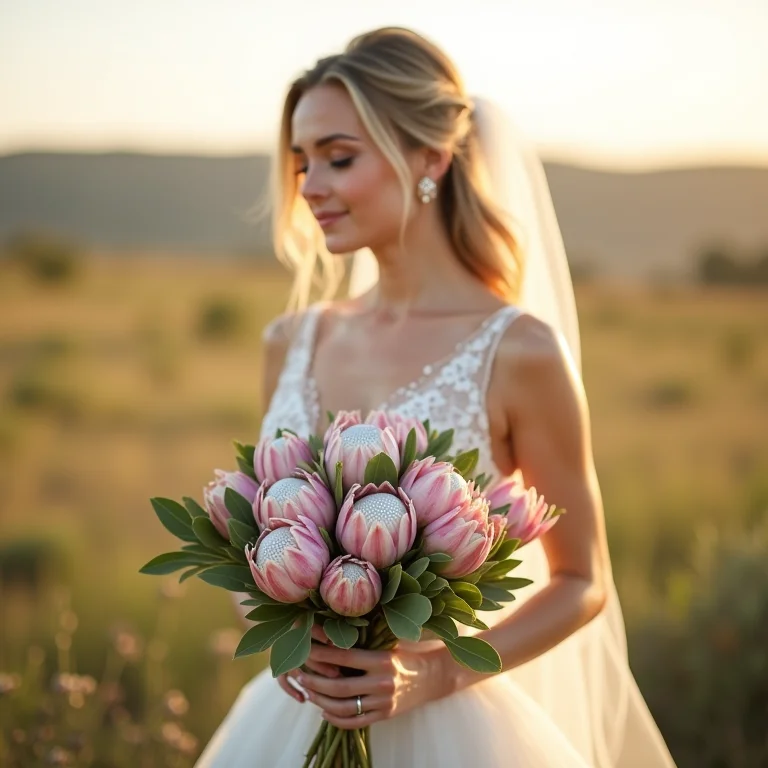 Noiva segurando buquê de Proteas na África do Sul