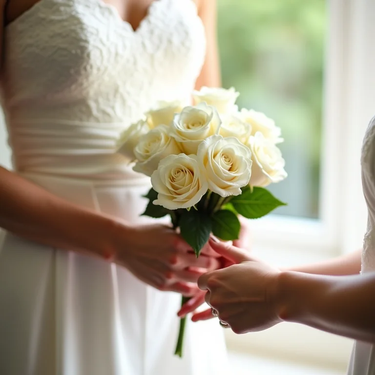 Noiva segurando buquê de rosas brancas se preparando para o casamento