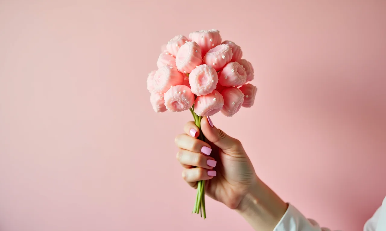 Noiva segurando um buquê de doces em estúdio.