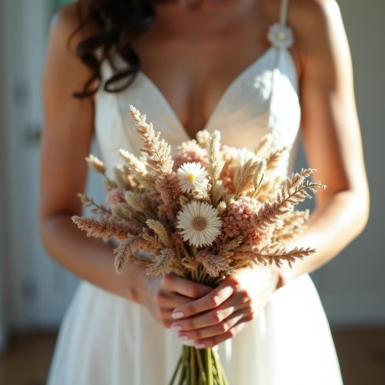 Noiva segurando um buquê de flores secas.