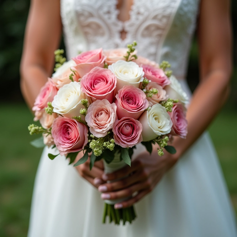 Noiva segurando um buquê de noiva redondo e clássico.