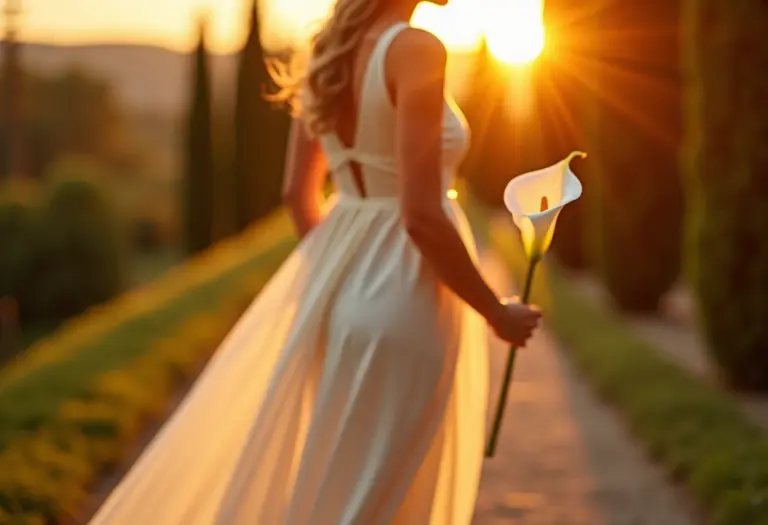 Noiva segurando um buquê minimalista de copo de leite em casamento de luxo na Toscana.