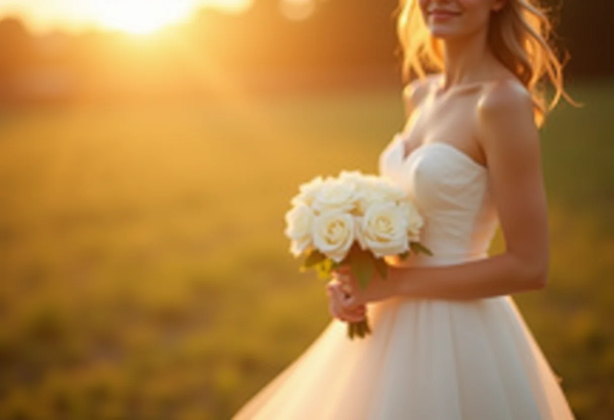 Noiva segurando um buquê minimalista de rosa branca sob a luz dourada.