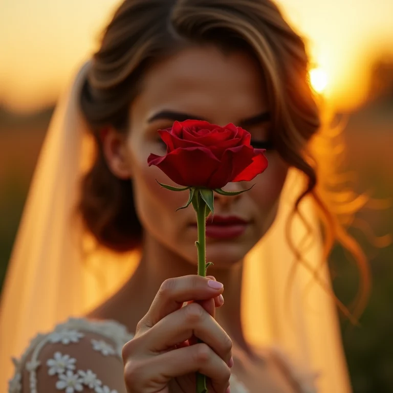 Noiva segurando uma rosa no rosto, criando um retrato memorável.