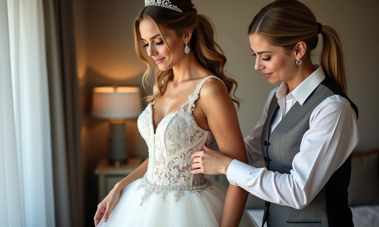 Noiva sendo medida para garantir o tamanho ideal do vestido de princesa.