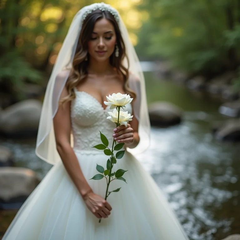 Noiva soltando uma rosa branca em um rio, simbolizando escolhas sustentáveis.