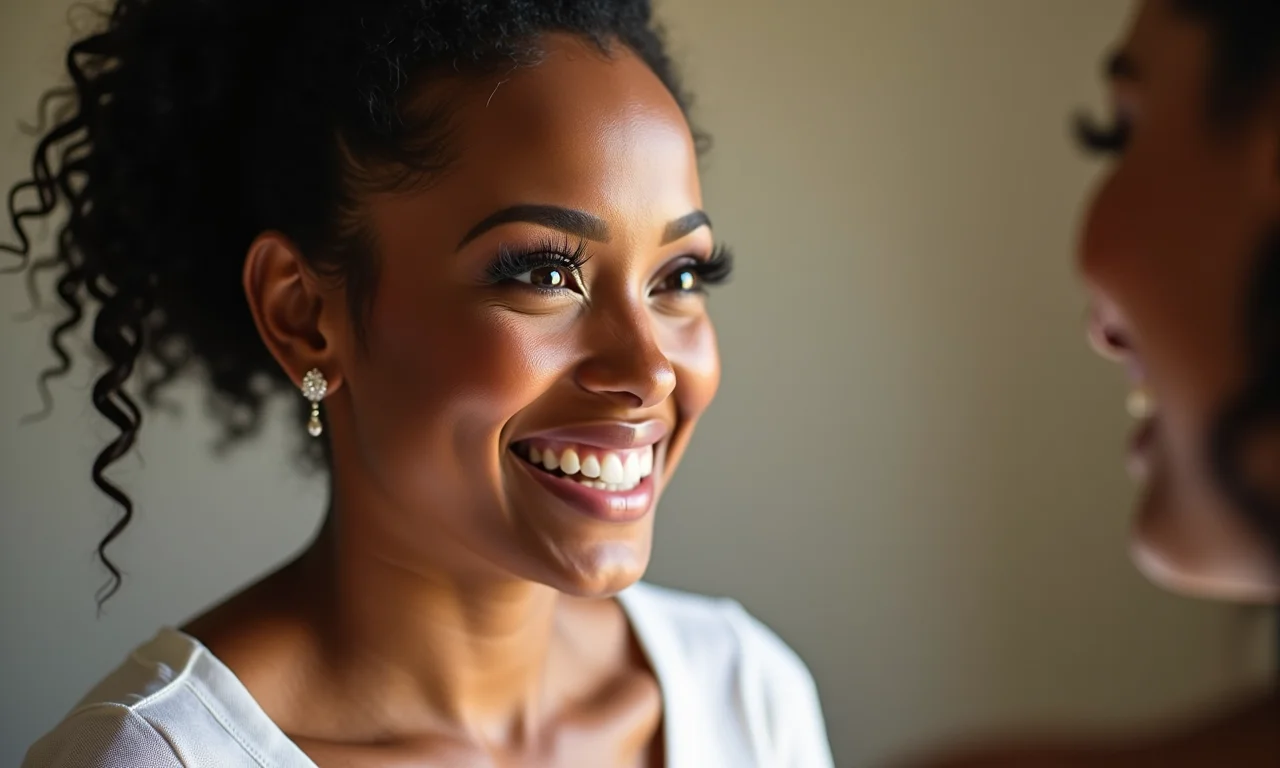 Noiva sorrindo após sessão de maquiagem, mostrando custo-benefício.