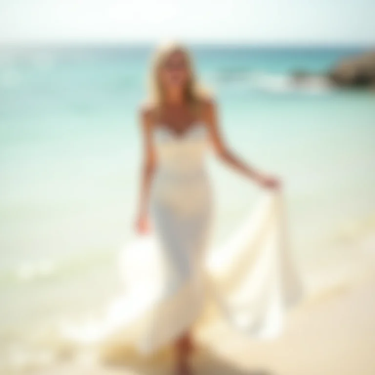 Noiva sorrindo na praia durante seu noivado.