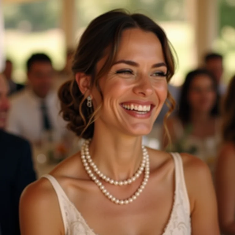 Noiva sorrindo usando colar de pérolas confortável