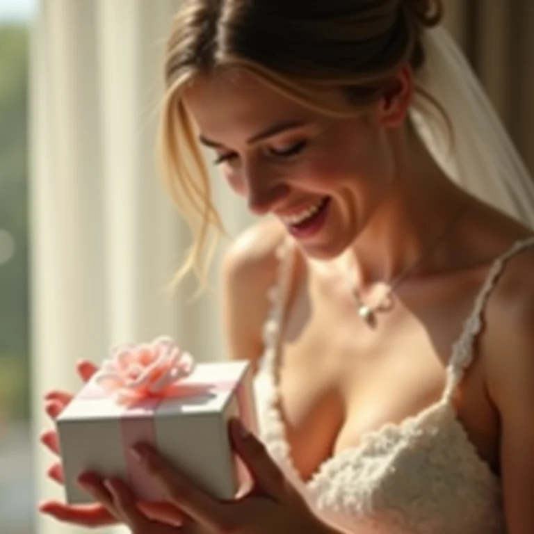 Noiva surpresa ao desembrulhar presente de casamento