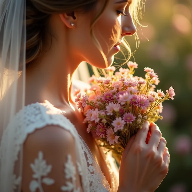 Noiva tocando um arranjo de flores secas.