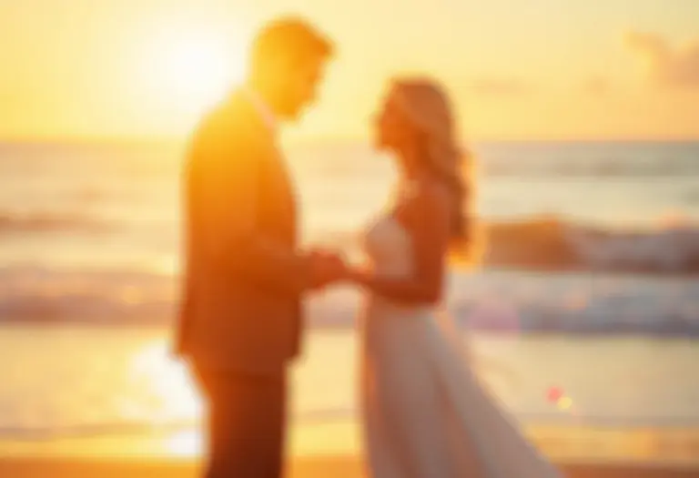 Noivado na praia ao pôr do sol com luz dourada