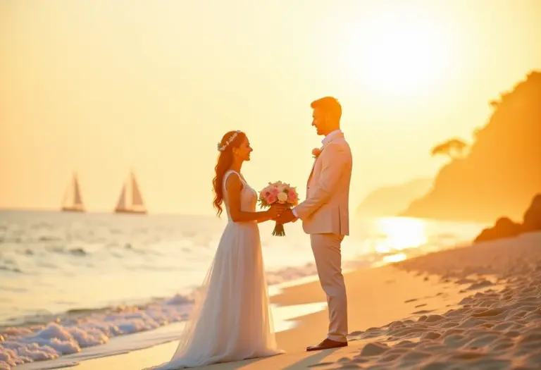 Noivado romântico na praia ao pôr do sol.