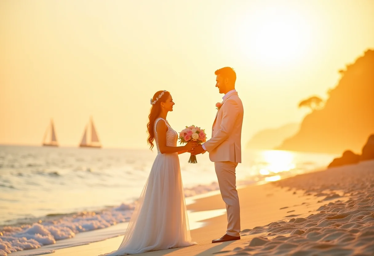 Noivado romântico na praia ao pôr do sol.