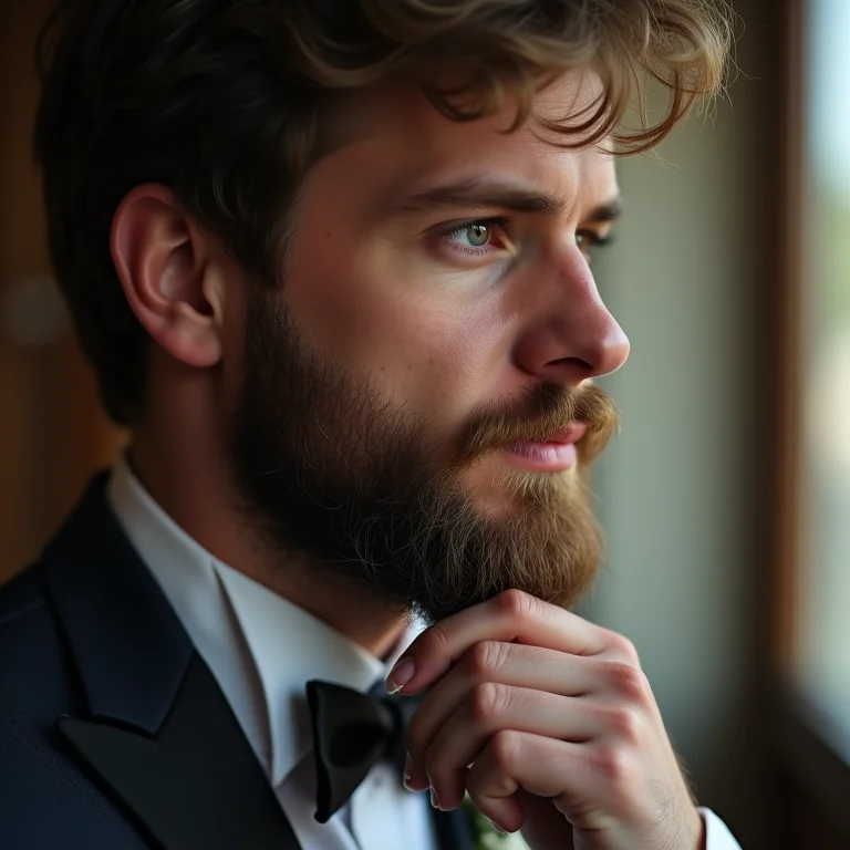 Noivo acariciando a barba com expressão pensativa