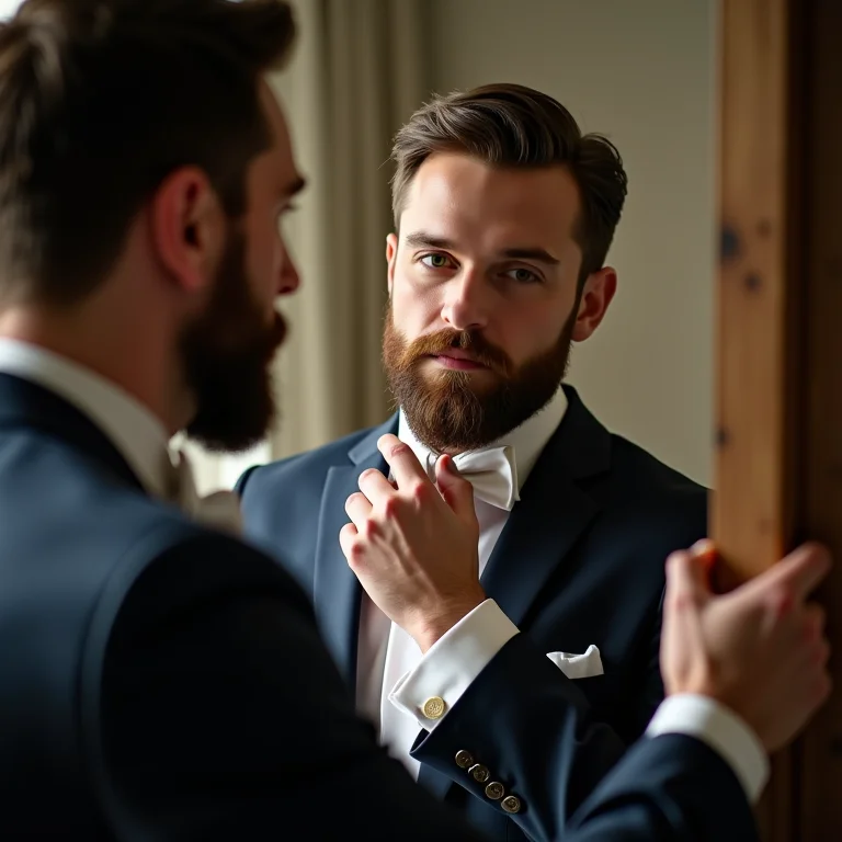 Noivo ajustando a barba no espelho antes da cerimônia