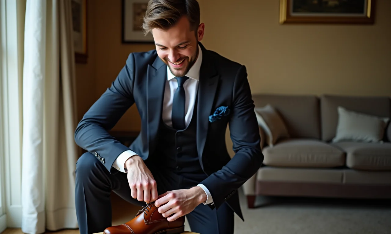 Noivo ajustando sapato de couro elegante antes do casamento.