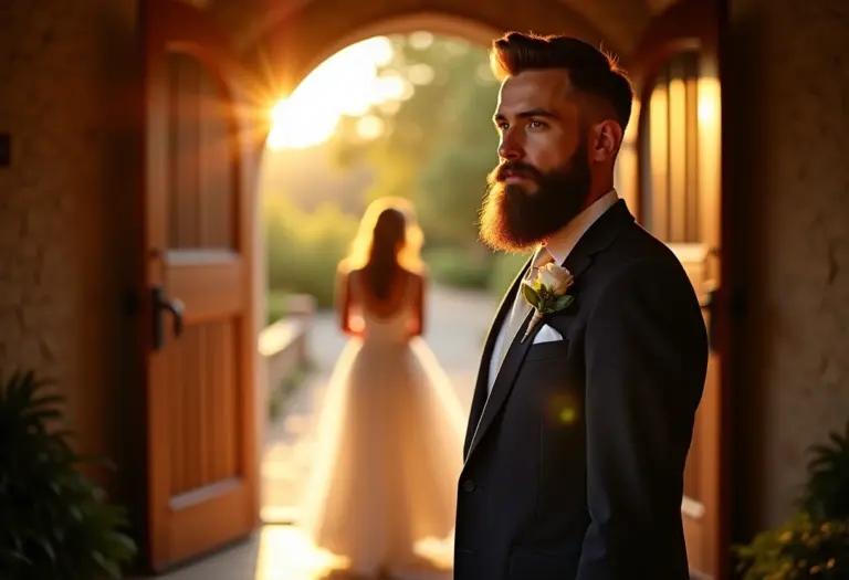 Noivo barbado em casamento rústico com luz dourada