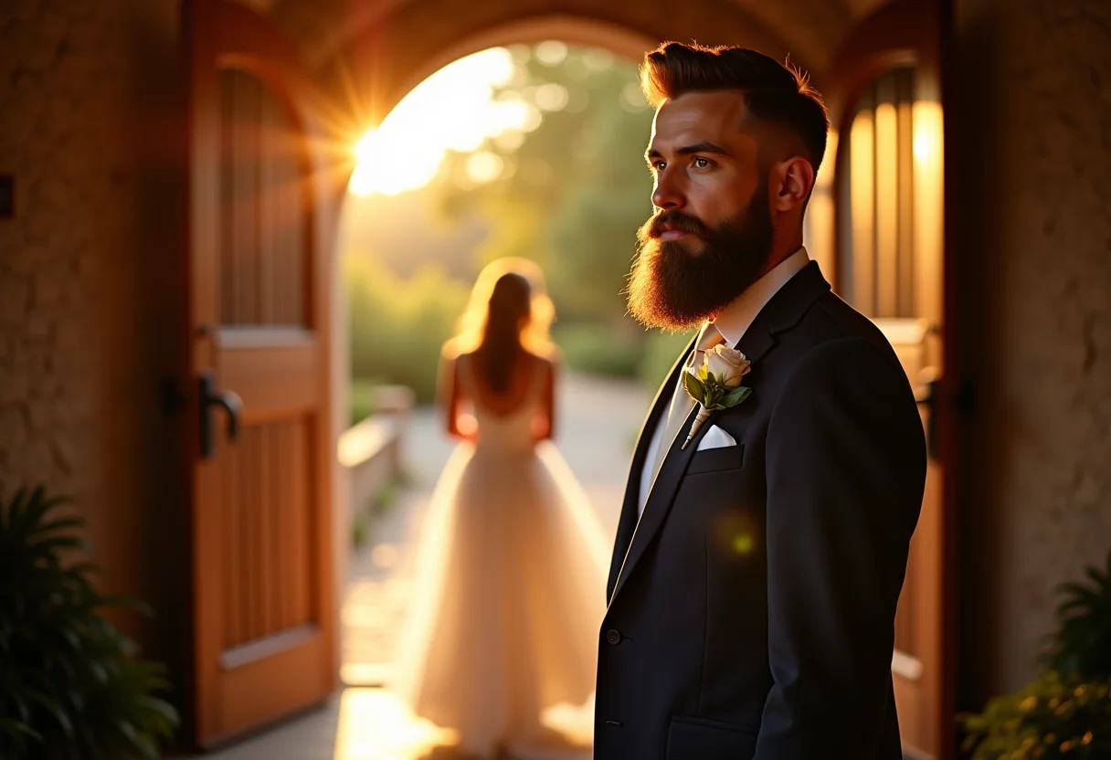Noivo barbado em casamento rústico com luz dourada