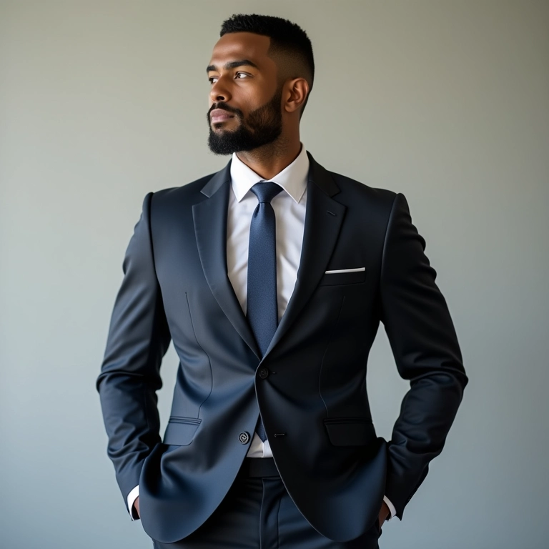 Noivo brasileiro em terno sob medida posando com confiança.