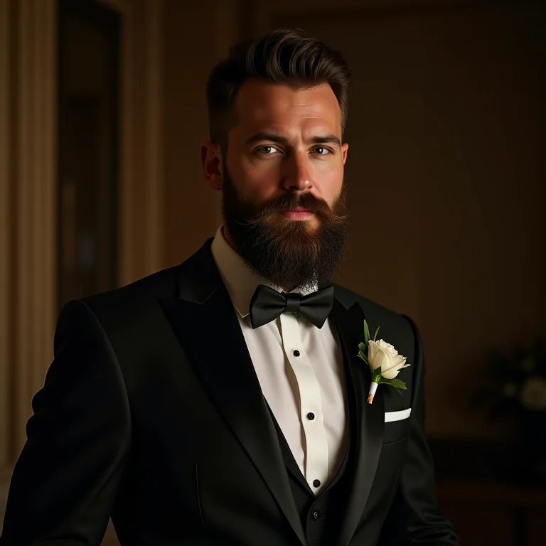 Noivo com barba cheia e bem definida.