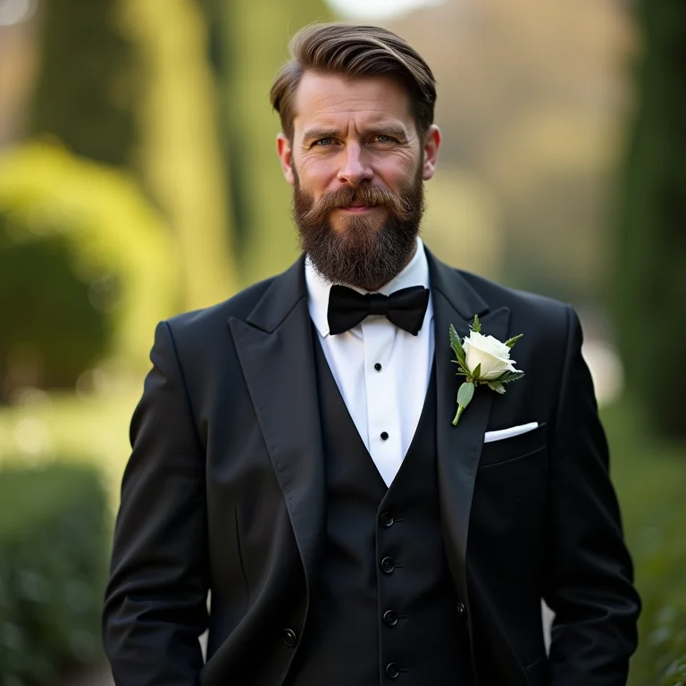 Noivo com barba cheia em jardim iluminado